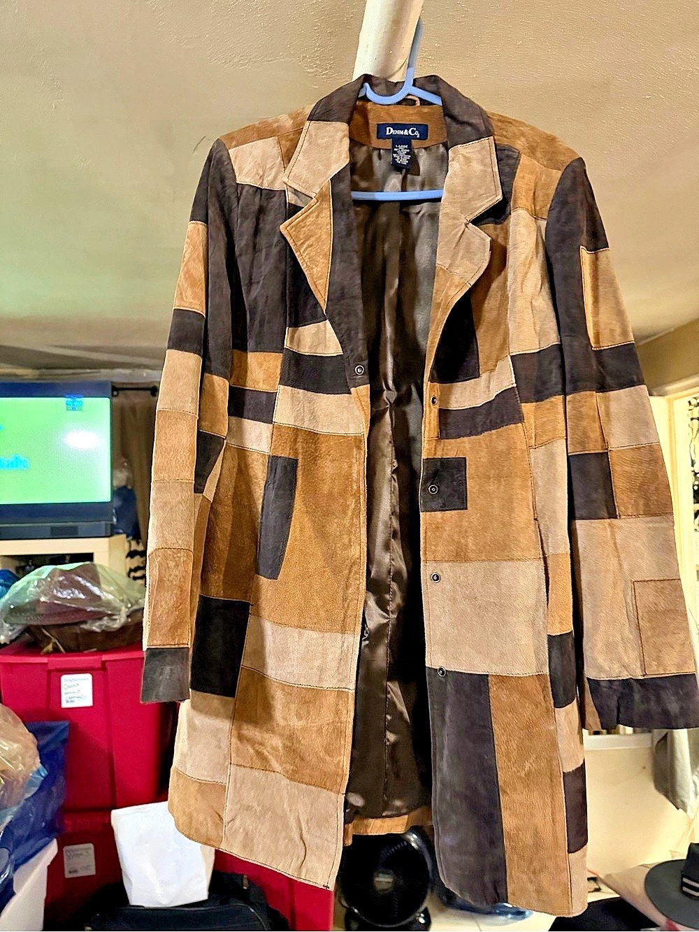 Denim & Co. Color Block suede Leather Trench Coat Size Large